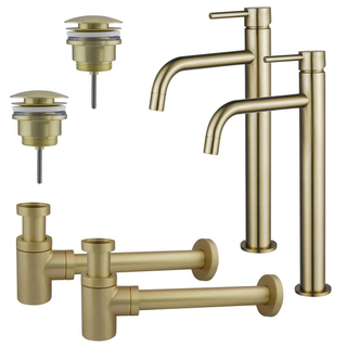 FortiFura Calvi Kit robinet lavabo - pour double vasque - robinet rehaussé - bonde clic clac - siphon design bas - Laiton brossé PVD
