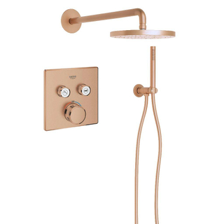 Grohe - Adema Rise Ensemble de douche à effet pluie - carré - coude mural avec support de douchette - flexible de douche lisse - douchette à main barre - bras mural - douchette principale 25 cm - thermostat encastré Grohe SmartControl - brushed warm sunse