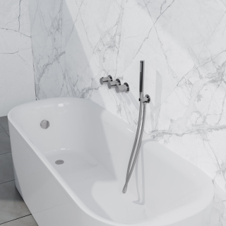 Fortifura Nebbio Ensemble combinaison de bain - mitigeur thermostatique - coude mural avec support de douchette - flexible de douche lisse - barre de douchette - Remplissage-vidage de baignoire - chrome