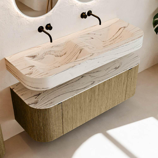 MONDIAZ THOR-DLUX 130cm meuble de salle de bains arrondi gauche + droite couleur Dusk avec 1 tiroir et 2 portes. Vasque suspendue CLOUD Double sans trou de robinet couleur Nata.