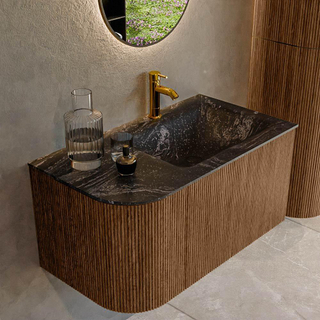 MONDIAZ KURVE-DLUX 85cm Meuble salle de bain avec module 25 G - couleur Walnut - 1 tiroir - 1 porte - vasque CLOUD droite - 1 trou de robinet - couleur Lava