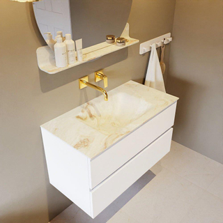 Mondiaz VICA-DLUX Ensemble de meuble de salle de bain - 90cm - meuble sous-vasque talc - 2 tiroirs - lavabo encastrée cloud milieu - sans trous de robinet - version haute de 60cm - frape