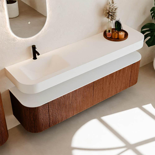 MONDIAZ THOR 180cm meuble de salle de bains arrondi gauche + droite couleur Ruby avec 2 tiroirs et 2 portes. Vasque suspendue CLOUD Gauche 1 trou de robinet couleur Talc.