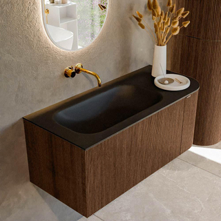 MONDIAZ KURVE 105cm Meuble salle de bain avec module 25 D - couleur Walnut - 1 tiroir - 1 porte - vasque BIG SMALL gauche - sans trous de robinet - Urban