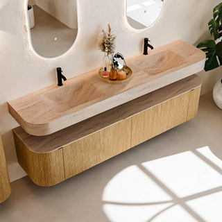 MONDIAZ THOR-DLUX Meuble de salle de bains - 200cm - arrondi gauche + droite - couleur Oak - 2 tiroirs et 2 portes - Vasque suspendue CLOUD Double 2 trous de robinet - couleur Saba