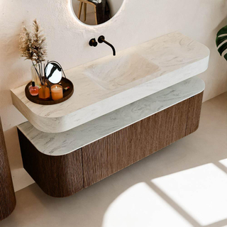 MONDIAZ THOR-DLUX 150cm meuble de salle de bains arrondi gauche + droite couleur Walnut avec 1 tiroir et 2 portes. Vasque suspendue CLOUD centrale sans trou de robinet couleur Opalo.