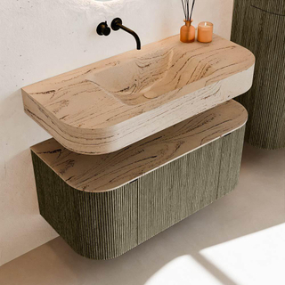 MONDIAZ THOR-DLUX 100cm meuble de salle de bains arrondi gauche + droite couleur Shadow avec 1 tiroir et 2 portes. Vasque suspendue CLOUD Milieu sans trou de robinet couleur Arena.