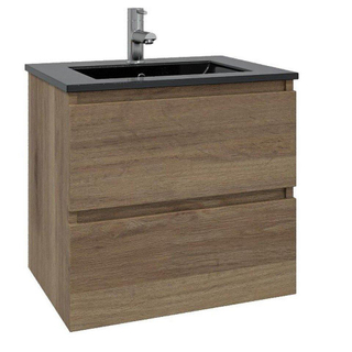 Adema Chaci onderkast en wastafel 60x46cm met overloop 1 wasbak 1 kraangat Keramiek Mat Zwart en onderkast kleur kaneel SHOWROOMMODEL