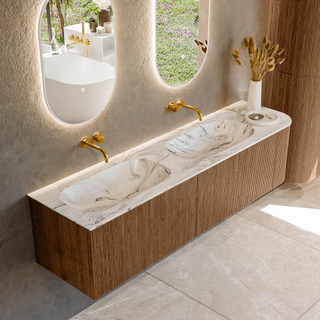 MONDIAZ KURVE-DLUX 175cm Meuble salle de bain avec module 25 D - couleur Walnut - 2 tiroirs - 1 porte - vasque STOR SMALL double / gauche - sans trou de robinet - couleur Glace