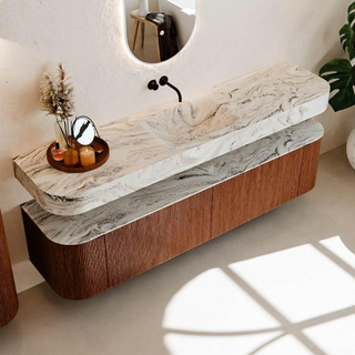 MONDIAZ THOR-DLUX Meuble de salle de bains - 190cm - arrondi gauche + droite - couleur Ruby - 2 tiroirs et 2 portes - Vasque suspendue CLOUD Milieu sans trou de robinet - couleur Glace