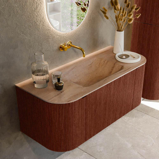 MONDIAZ KURVE-DLUX 110cm badmeubel ronding Links + Rechts kleur Ruby met 1 lade en 2 deuren. Wastafel CLOUD Midden zonder kraangat Saba.