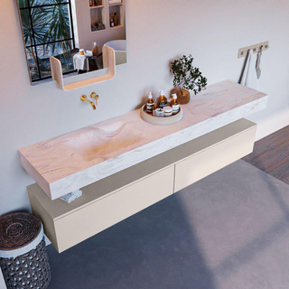 Mondiaz ALAN-DLUX Ensemble de meuble - 200cm - meuble Linen mat - 2 tiroirs - Lavabo Cloud Ostra suspendu - vasque gauche - 0 trous de robinet