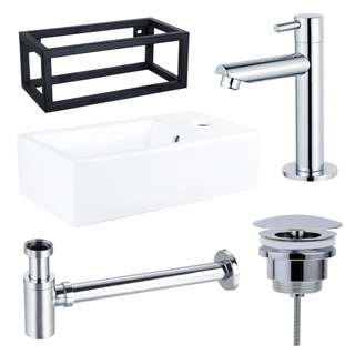 Fortifura Fuente Pack Lave-mains - 40x22x30cm - 1 trou de robinet - céramique - cadre noir - robinet Chrome - Blanc brillant