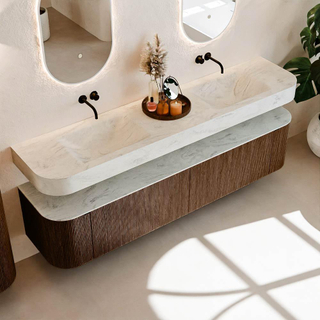 MONDIAZ THOR-DLUX 200cm meuble de salle de bains arrondi gauche + droite couleur Walnut avec 2 tiroirs et 2 portes. Vasque suspendue CLOUD Double sans trou de robinet couleur Opalo.