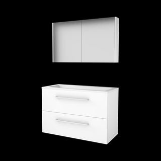 Basic-Line Comfort 46 ensemble de meubles de salle de bain 100x46cm avec poignées 2 tiroirs lavabo acrylique 0 trous de robinetterie armoire de toilette mdf laqué blanc glacier