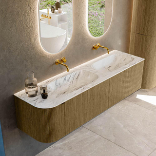 Mondiaz KURVE-DLUX Ensemble de meuble salle de bain - 165x46x40cm - 2 tiroirs - 1 porte - lavabo en solid surface - double / droite - sans trou de robinet - Dusk