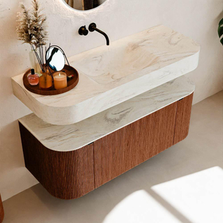 MONDIAZ THOR-DLUX 120cm meuble de salle de bains arrondi gauche + droite couleur Ruby avec 1 tiroir et 2 portes. Vasque suspendue CLOUD Centre sans trou de robinet couleur Ostra.