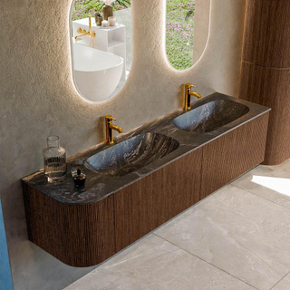 MONDIAZ KURVE-DLUX 175cm Meuble salle de bain avec module 25 G - couleur Walnut - 2 tiroirs - 1 porte - vasque STOR SMALL double / droite - 2 trous de robinet - couleur Lava