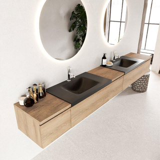 MONDIAZ BUKLA 280cm badmeubel met module 40 kleur Washed Oak met 5 lades. Wastafel CLOUD dubbel 2 kraangaten kleur Urban.