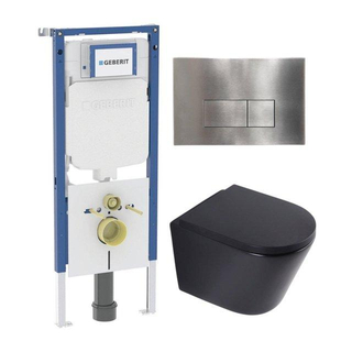 QeramiQ Dely Toiletset - 36.3x51.7cm - diepspoel - rimless - Geberit UP720 inbouwreservoir - softclose toilet zitting 35 mm - steel bedieningsplaat - rechthoekige knoppen - mat zwart