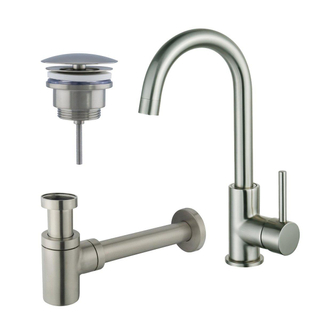 FortiFura Calvi Kit robinet lavabo - robinet haut - bec rotatif - bonde non-obturable - siphon design bas - Inox brossé PVD