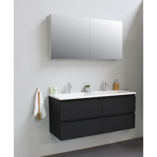 Basic Bella Meuble salle de bains avec lavabo acrylique Blanc avec armoire toilette 2 portes gris 120x55x46cm 2 trous de robinet Noir mat