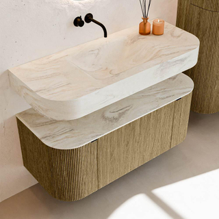 MONDIAZ THOR-DLUX 110cm meuble de salle de bains arrondi gauche + droite couleur Dusk avec 1 tiroir et 2 portes. Vasque suspendue CLOUD Milieu sans trou de robinet couleur Ostra.