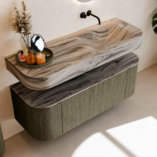 MONDIAZ THOR-DLUX 130cm meuble de salle de bains arrondi gauche + droite couleur Shadow avec 1 tiroir et 2 portes. Vasque suspendue CLOUD droite sans trou de robinet couleur Sombra.