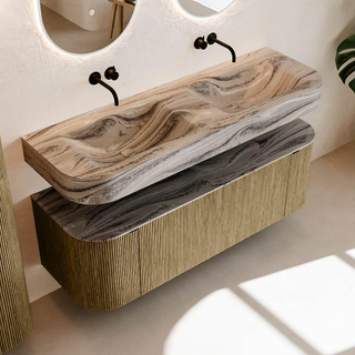 MONDIAZ THOR-DLUX 140cm meuble de salle de bains arrondi gauche + droite couleur Dusk avec 1 tiroir et 2 portes. Vasque suspendue CLOUD Double sans trou de robinet couleur Sombra.