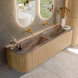 MONDIAZ KURVE-DLUX 170cm badmeubel ronding Links + Rechts kleur Oak met 1 lade en 2 deuren. Wastafel LEAF Dubbel zonder kraangat Oza.