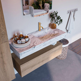 Mondiaz ALAN-DLUX Ensemble de meuble - 110cm - meuble Washed Oak mat - 1 tiroir - Lavabo Cloud Glace suspendu - vasque Droite - 1 trou de robinet