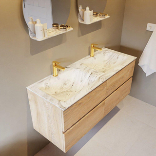 Mondiaz VICA-DLUX Ensemble de meuble de salle de bain - 120cm - meuble sous-vasque chêne blanchi - 4 tiroirs - lavabo encastré cloud double - 2 trous de robinet - version haute de 60cm - glace