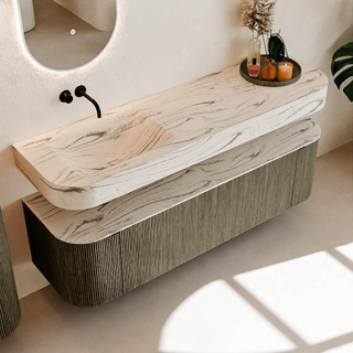 MONDIAZ THOR-DLUX 160cm meuble de salle de bains arrondi gauche + droite couleur Shadow avec 1 tiroir et 2 portes. Vasque suspendue CLOUD Gauche sans trou de robinet couleur Nata.