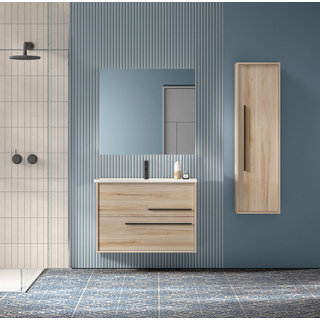 Saniclass Prime Essential Badkamermeubelset - 80x55x46cm - 1 ovale wasbak wit - 1 kraangat - 2 lades - rechthoekige spiegel - beech (hout)