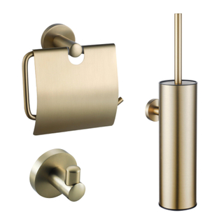 Fortifura Calvi Toiletset - toiletborstelhouder - gesloten - handdoekhaak - toiletrolhouder - met klep - geborsteld messing (goud)