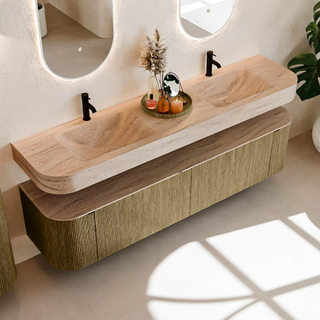 MONDIAZ THOR-DLUX 190cm meuble de salle de bains arrondi gauche + droite couleur Dusk avec 2 tiroirs et 2 portes. Vasque suspendue CLOUD Double 2 trous de robinet couleur Saba.