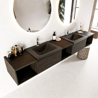 MONDIAZ BUKLA 240cm ensemble de meuble avec module ouvert 40 L+M+R couleur Marron Foncé avec 2 tiroirs. Lavabo CLOUD double 2 trous de robinet couleur Urban.