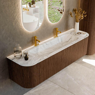 MONDIAZ KURVE-DLUX 170cm badmeubel met module 25 Len R kleur Walnut met 1 lade en 2 deuren. Wastafel BIG LARGE midden 2 kraangaten kleur Glace.