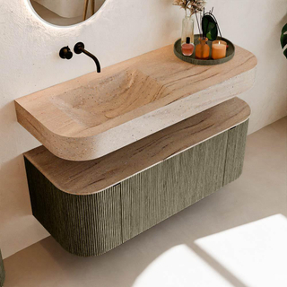 MONDIAZ THOR-DLUX Meuble de salle de bains 120cm arrondi gauche + droite couleur Shadow avec 1 tiroir et 2 portes. Vasque suspendue CLOUD Gauche sans trou de robinet couleur Saba.