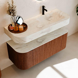 MONDIAZ THOR-DLUX 120cm meuble de salle de bains arrondi gauche + droite couleur Ruby avec 1 tiroir et 2 portes. Vasque suspendue CLOUD Droite 1 trou de robinet couleur Ostra.