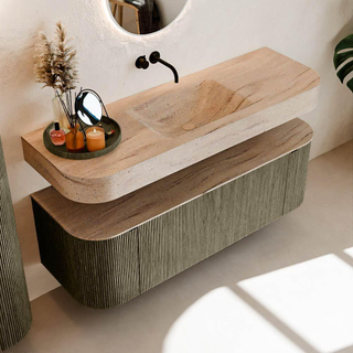 MONDIAZ THOR-DLUX 140cm meuble de salle de bains arrondi gauche + droite couleur Shadow avec 1 tiroir et 2 portes. Vasque suspendue CLOUD Milieu sans trou de robinet couleur Saba.