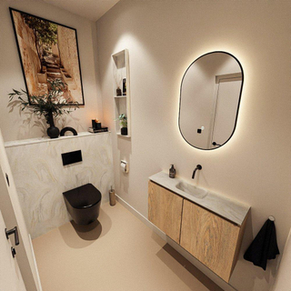 MONDIAZ TURE-DLUX Meuble toilette - 80cm - Washed Oak - EDEN - vasque Ostra - position centrale - sans trou de robinet