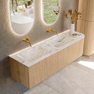 MONDIAZ KURVE-DLUX 155cm Meuble salle de bain avec module 25 D - couleur Oak - 2 tiroirs - 1 porte - vasque LEAF double / gauche - sans trou de robinet - couleur Glace