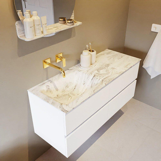 Mondiaz VICA-DLUX Ensemble de meuble de salle de bain - 120cm - meuble sous-vasque talc - 4 tiroirs - lavabo encastré cloud gauche - sans trous de robinet - version haute de 60cm - glace