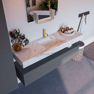 Mondiaz ALAN-DLUX Ensemble de meuble - 150cm - meuble Plata mat - 1 tiroir - Lavabo Cloud Frappe suspendu - vasque Centre - 1 trou de robinet