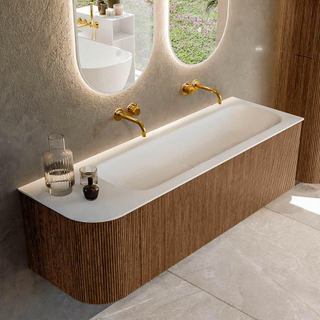 MONDIAZ KURVE 145cm Meuble salle de bain avec module 25 G - couleur Walnut - 1 tiroir - 1 porte - vasque BIG LARGE droite - sans trous de robinet - Talc