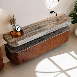 MONDIAZ THOR-DLUX 190cm meuble de salle de bains arrondi gauche + droite couleur Ruby avec 2 tiroirs et 2 portes. Vasque suspendue CLOUD Droite sans trou de robinet couleur Sombra.