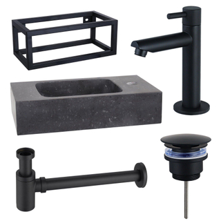 Fortifura Fuente Pack Lave-mains - 40x22x24.5cm - 1 trou de robinet - pierre naturelle - cadre noir - robinet Noir mat - Noir