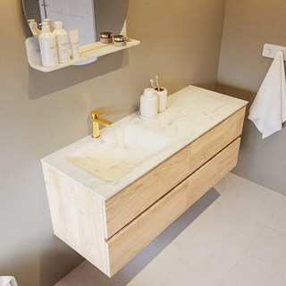 Mondiaz VICA-DLUX Ensemble de meuble de salle de bain - 130cm - meuble sous-vasque chêne blanchi - 4 tiroirs - lavabo encastré cloud gauche - 1 trou de robinet - version haute de 60cm - opalo