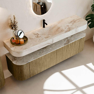 MONDIAZ THOR-DLUX 180cm meuble de salle de bains arrondi gauche + droite couleur Dusk avec 2 tiroirs et 2 portes. Vasque suspendue CLOUD Milieu 1 trou de robinet couleur Frappe.